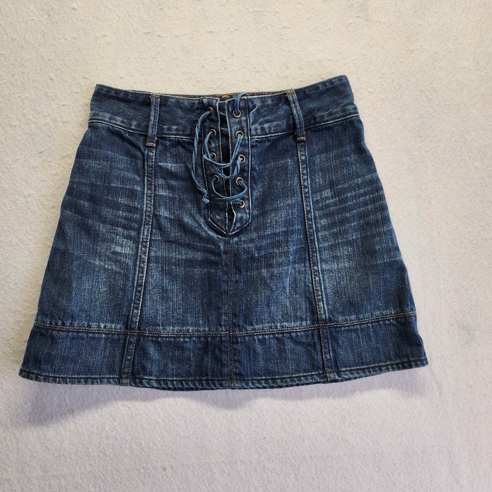 Abercrombie & Fitch Lace Up Front Dark Wash Denim Mini Skirt 00 - Picture 5 of 6